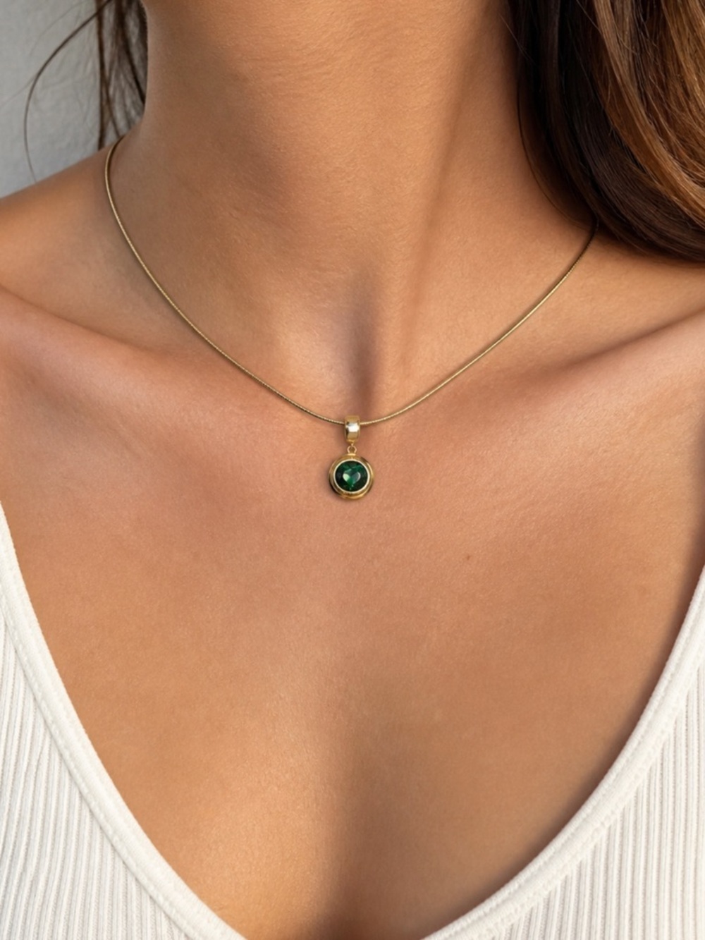 149. 14k Gold Plated over Stainless Steel Omega Necklace Emerald Stone 15”-18” - Picture 2 of 5